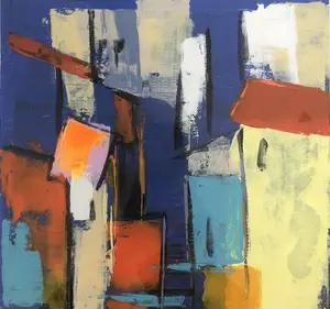 Rue d'Italie A — Des blocs orange, jaune pâle et turquoise empilés sur un fond bleu outremer, cernés de traits noirs.