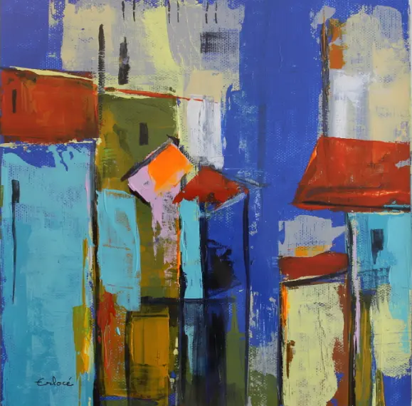 Rue d'Italie E — Stylised houses with red roofs, in flat turquoise and ochre blocks against an ultramarine blue ground.