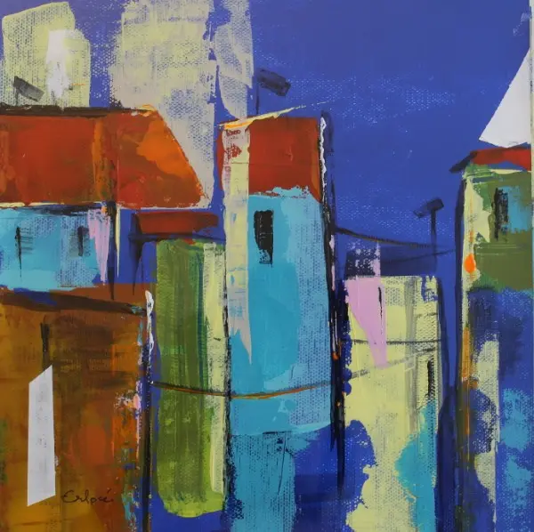 Rue d'Italie F — Houses with red roofs, in turquoise and pale yellow blocks, rise against a deep blue background.