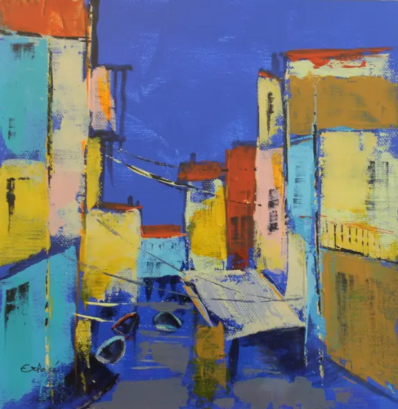 Rue d'Italie G — A narrow street of yellow and turquoise houses with red roofs under an intense blue sky, boats below.