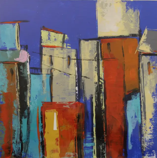 Rue d'Italie H — Tall, narrow houses in red, turquoise and grey, linked by wires, beneath an ultramarine sky.