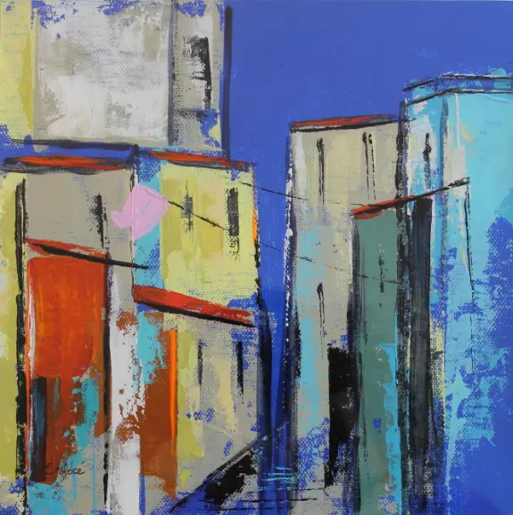 Rue d'Italie J — Narrow façades with red roofs, linked by wires, rise against a vivid blue sky.