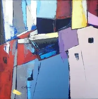 Ruelle de Calvi — A pale pink façade with small dark windows, among blue and red blocks cut with a knife.