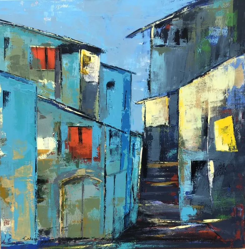 Ruelle Saint Amour — A stepped alley between blue houses with red shutters, a lit yellow window on the right.