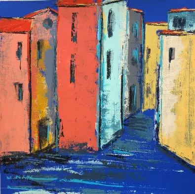 Ruelles d'Ardèche — Narrow coral, pale blue and yellow façades line a lane that recedes into deep blue.