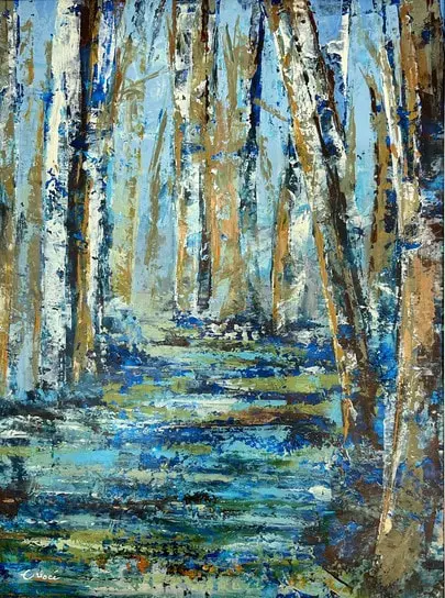 Série Enchantée — Des troncs d'arbres blancs et ocre au couteau, autour d'un sous-bois strié de bleu et de vert.