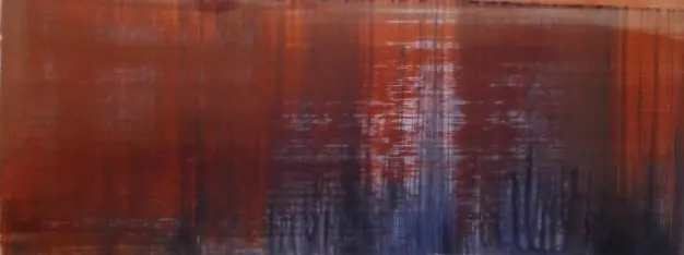 Soleil couchant n° 1 — Dense vertical streaks of rust and orange, crossed in the centre by blue-grey drips.