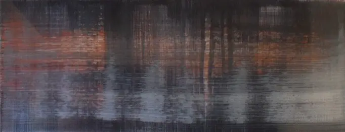 Soleil couchant n° 2 — A fine grid of blue-grey streaks crossed by orange glimmers and whitish trails.