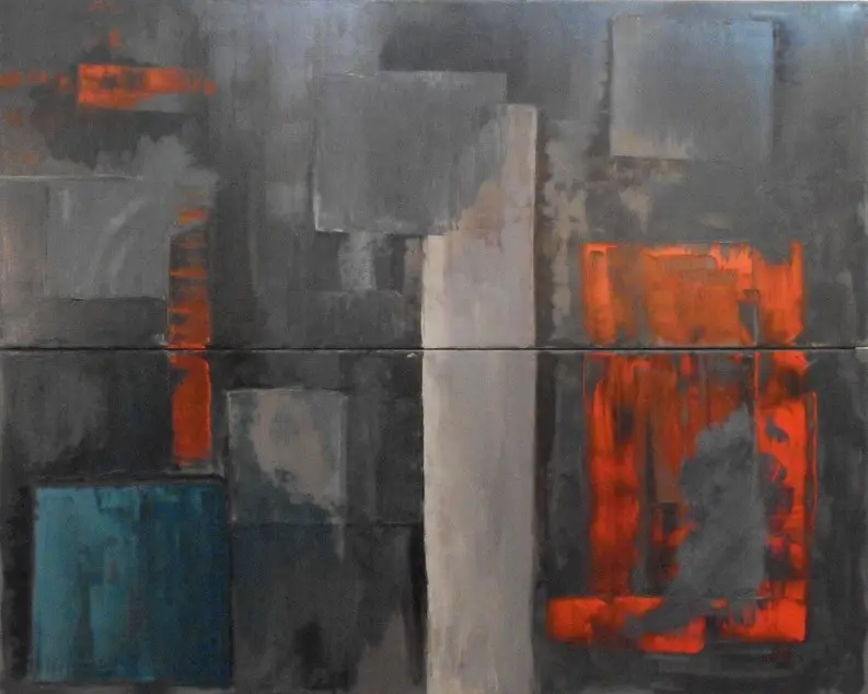 Stelles — Une colonne gris pâle parmi des rectangles sombres, un bloc orange vif à droite et un carré bleu canard.