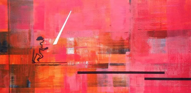 Sur la passerelle — Un petit personnage noir au chapeau, accroupi sur une ligne, face à un trait blanc, parmi des aplats roses et orangés.