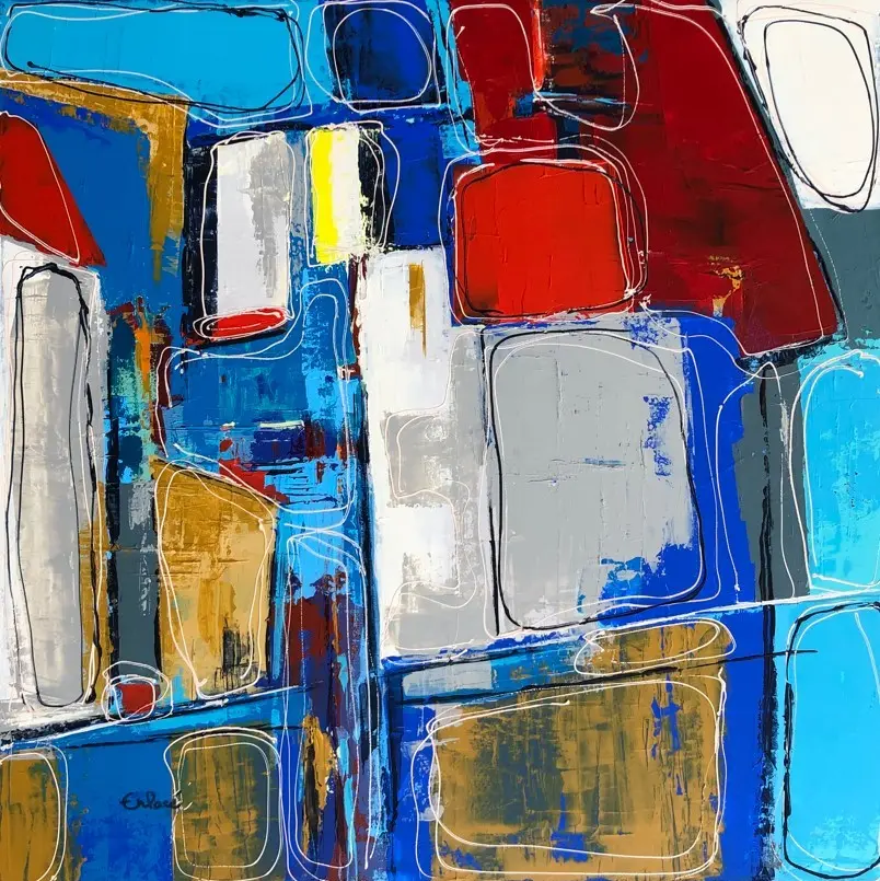 TBE série 57 — Des blocs bleus, rouges et gris cernés de fines boucles blanches et noires, comme dessinées d'un trait.