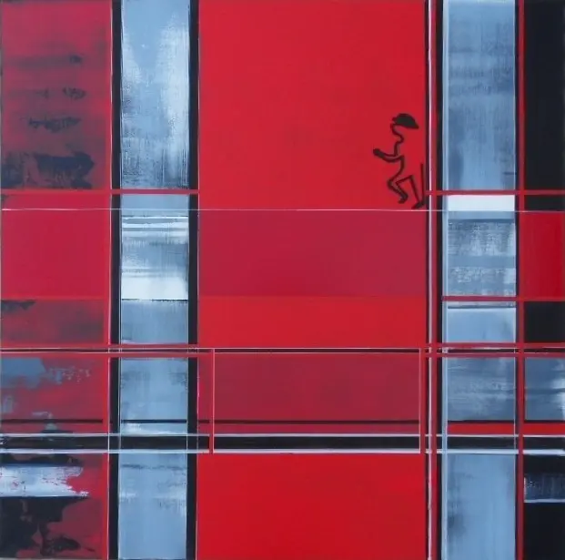 Trame 65 Funambule — Une petite silhouette noire en chapeau marche sur une grille rouge traversée de bandes gris-bleu et noires.