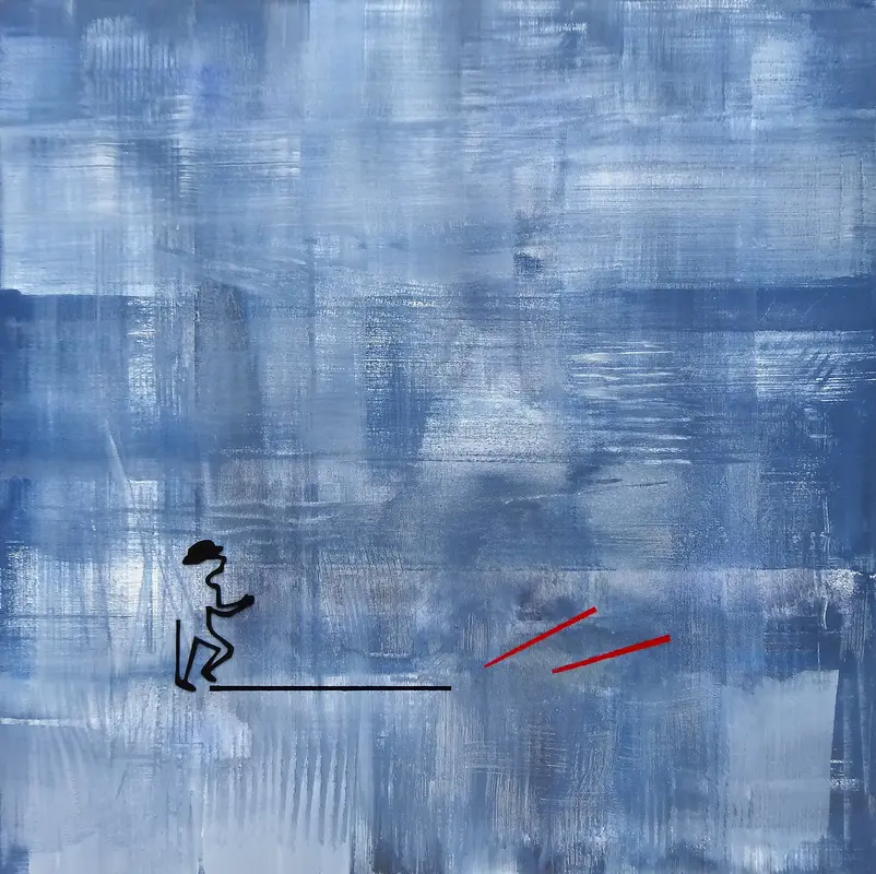 Trame 74 — Un petit personnage noir à chapeau sur une ligne, face à deux traits rouges, parmi des balayages bleus et blancs.