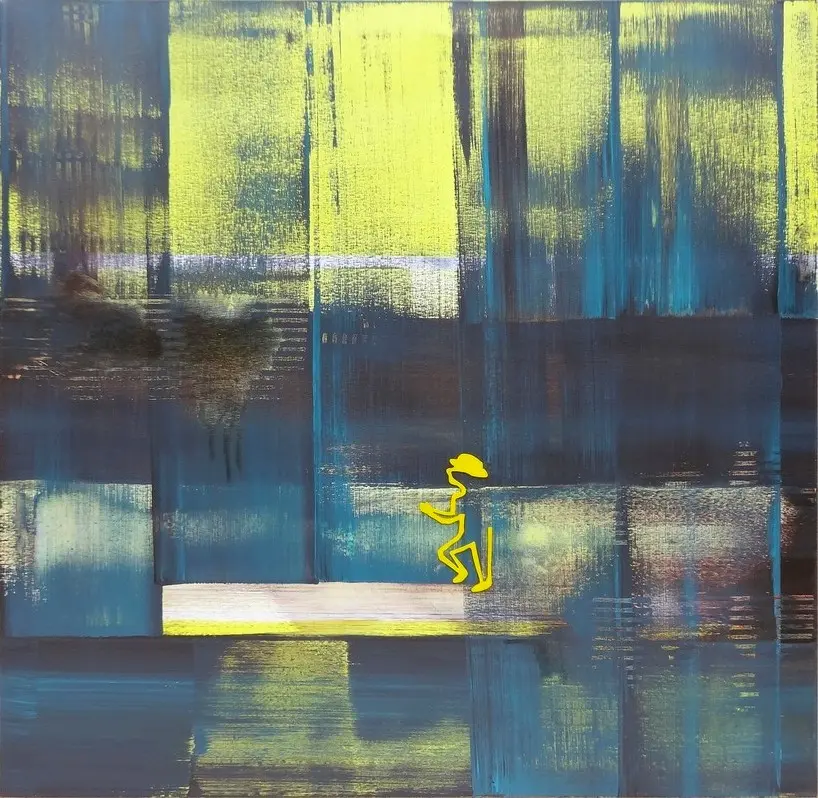 Trame 81 lunaison solaire — A small yellow walking figure with hat and cane among scraped teal and acid-yellow bands.