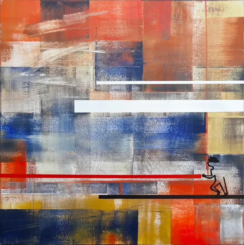 Trame 82 Flamboyants — Un petit personnage à chapeau pousse une longue ligne rouge parmi des rectangles raclés orange et bleus.