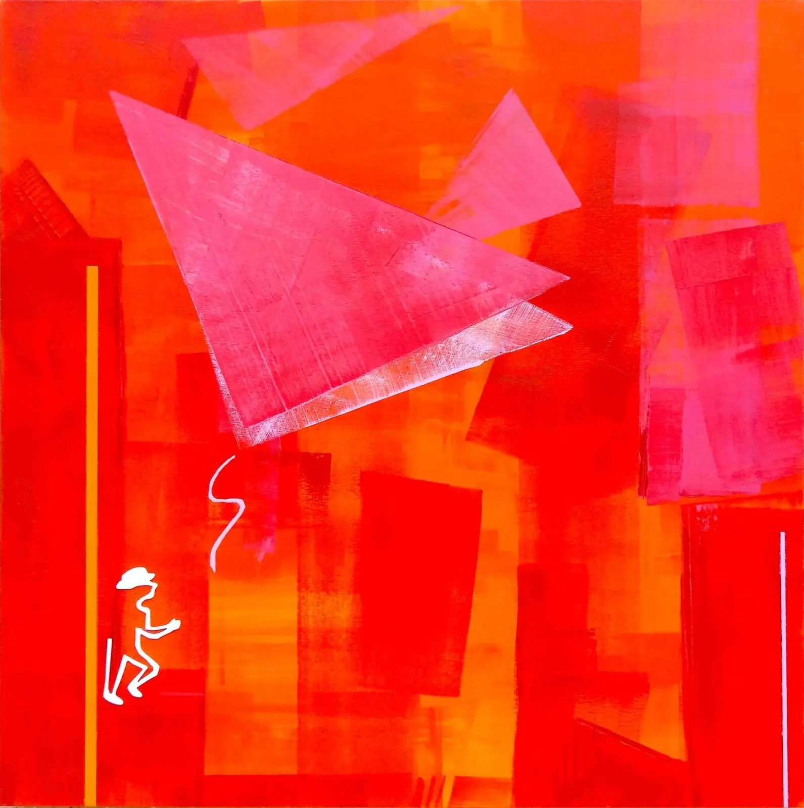 Trame 84 cerf-volant rouge — A small white figure in a hat beneath large pink triangles floating over red and orange blocks.