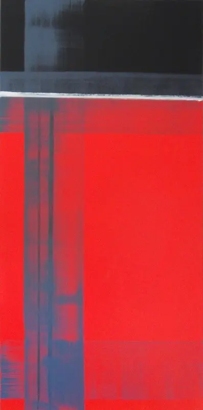 Trame n° 62 — Une bande gris-bleu verticale traverse un aplat rouge vif, sous une bande noire bordée d'un fil blanc.
