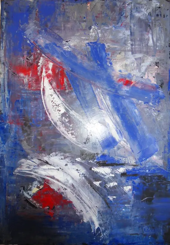 Tricolore — De larges bandes bleues croisées au couteau et des courbes blanches balayées, avec des éclats rouges sur fond gris.