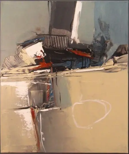 Urban 1 — Un amas sombre de blocs gris, rouges et blancs raclés domine un fond beige traversé d’une boucle blanche.