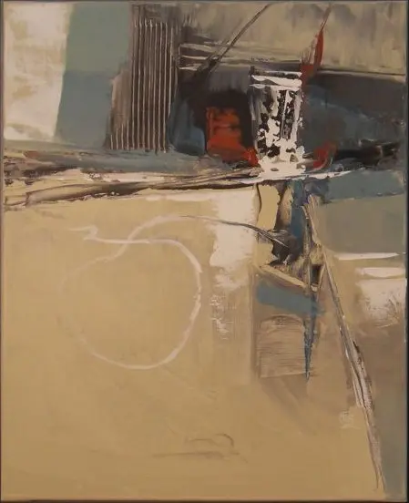Urban 2 — Une boucle blanche tracée sur un vaste aplat beige, sous un amas de stries grises et de touches rouges.
