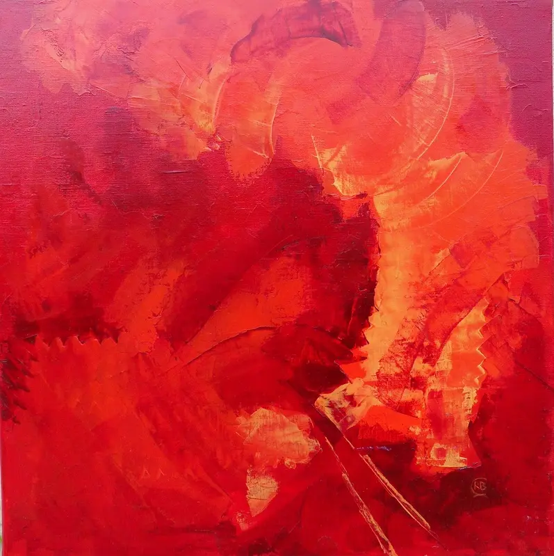 Volcan — Des tourbillons orange et rouges raclés au couteau, avec des bords dentelés et une masse bordeaux au centre.